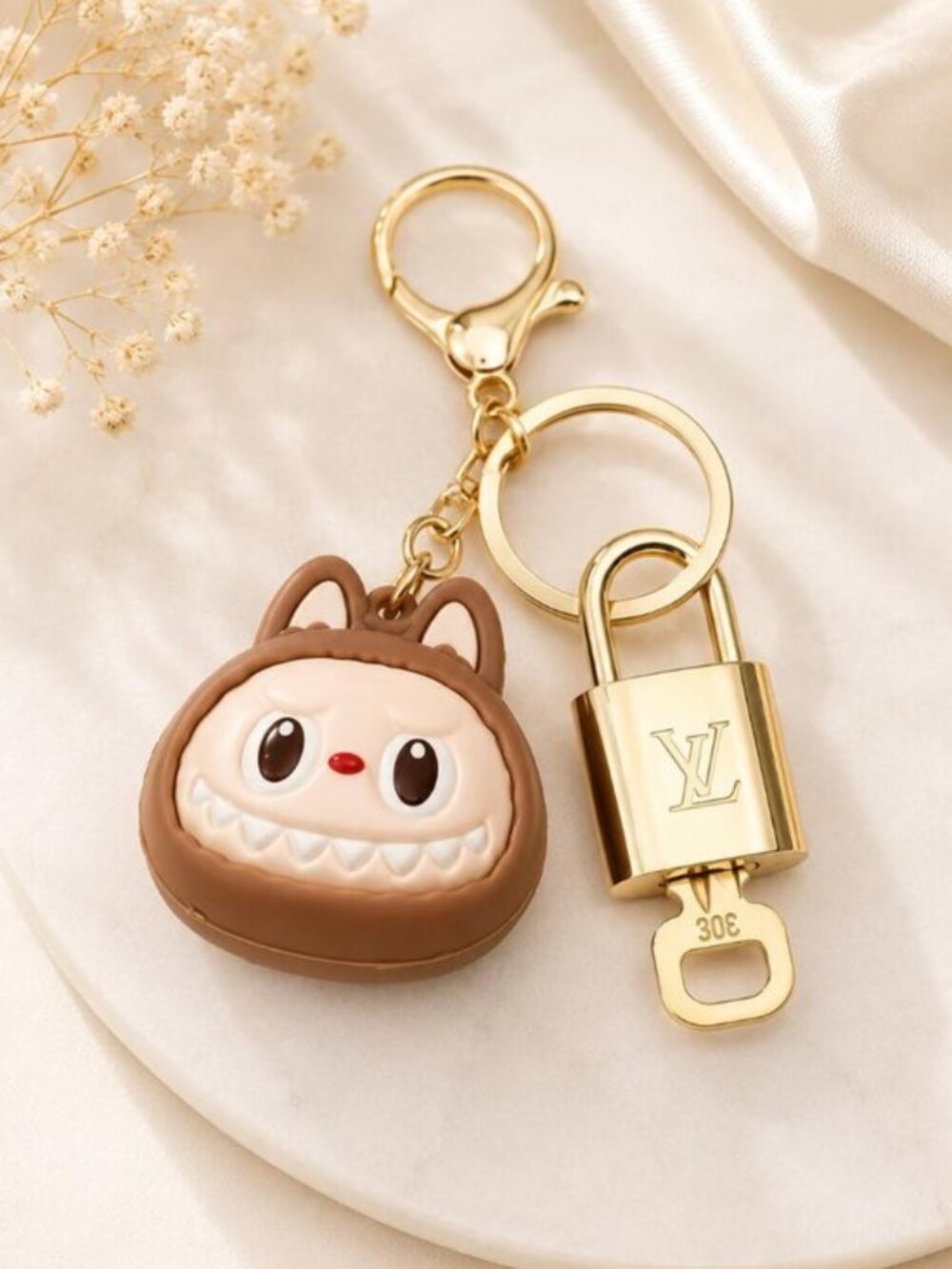 LV Authentic Gold Padlock 🔒 Key Set w/ Unbranded Labubu Keychain Charm